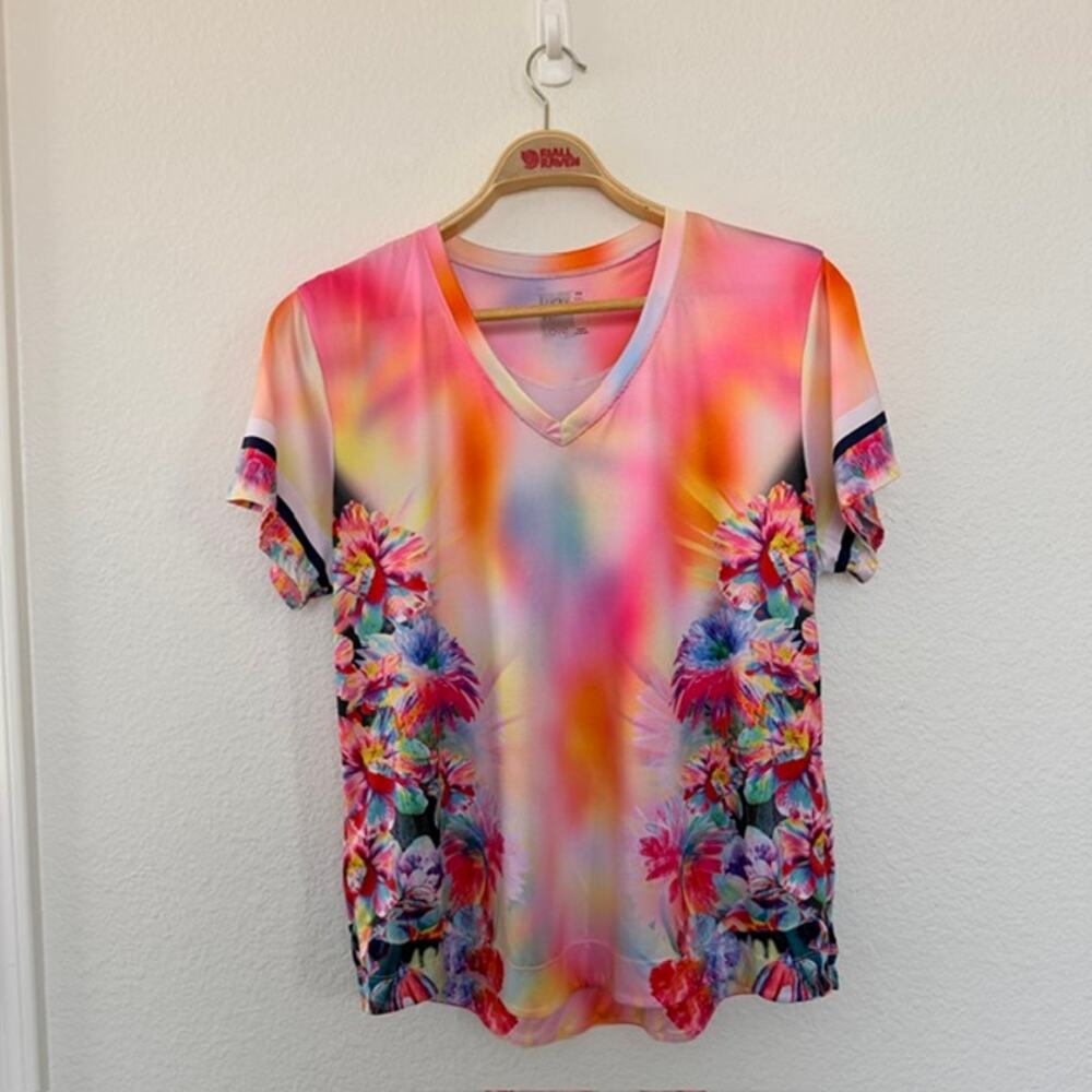 Lucky in Love V-Neck Short Sleeve Multi-Color Tee Floral Tennis Women's XXL